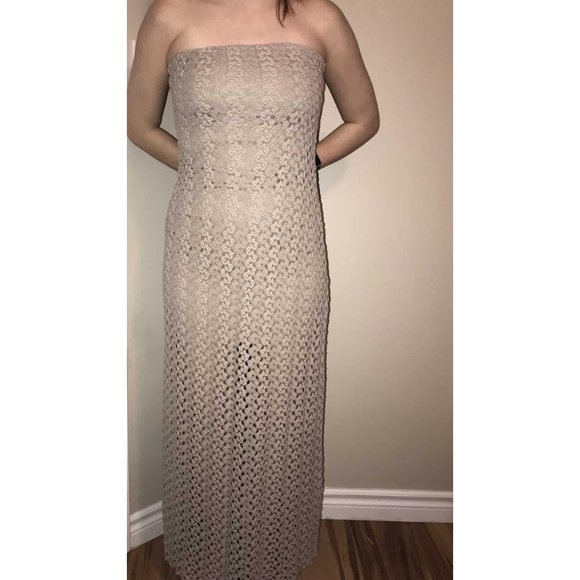 BEIGE LACE STRAPLESS MAXI DRESS - Picture 1 of 2